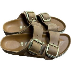Birkenstock Two-Strap Brown Leather Sandals Size 38 (US 7–7.5) 
Gold Buckles